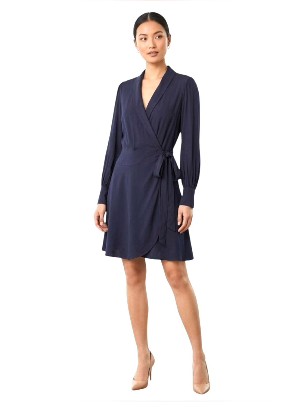 EXPRESS Navy Blue Wrap Dress Gold Button Wrist Detail Classic Preppy Size Large